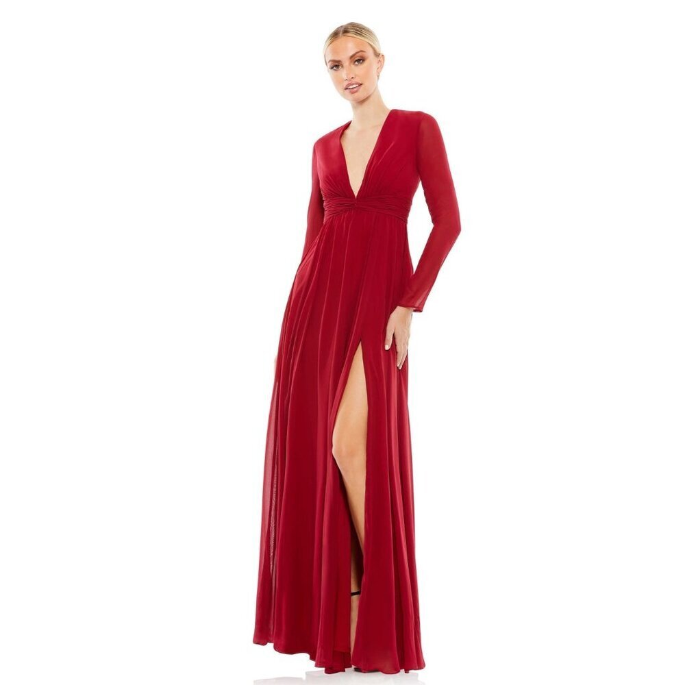 NWT MacDuggal V-Neck Front Twist Long Sleeve Gown Bordeaux 6 #8644